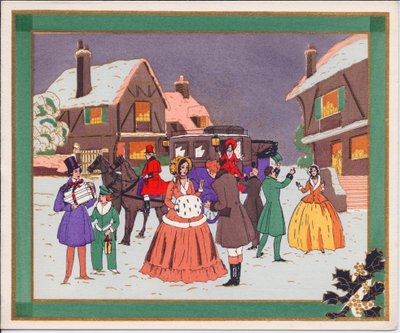 1920年頃の、コーチと馬がいる村のシーンの手描きのフレンチポコワールクリスマスカード 作： English School