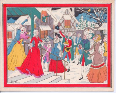 1920年頃のチューダー時代の冬のシーンの手彩色のフレンチポコワールクリスマスカード 作： English School