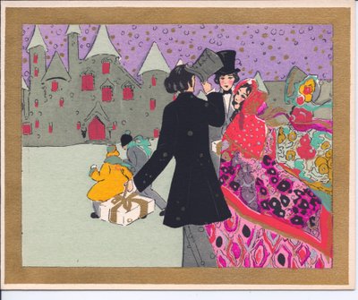 1920年頃のパーティーのために城に歩いて来たゲストの、手塗りのフランスのpochoirクリスマスカード 作： English School