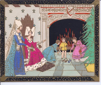 1920年頃に靴を温めている大きな暖炉の前で蝶の帽子と子供を着た中世の女性たちの手塗りのフランスポチョアクリスマスカード 作： English School