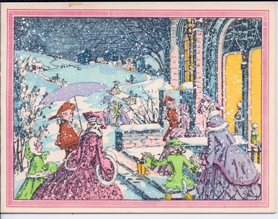 1920年頃、大邸宅に雪の中で到着したパーティー参加者の手彩色のフレンチポコワールクリスマスカード 作： English School