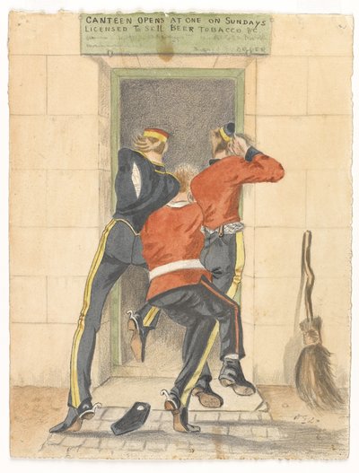 1890年頃、食堂の入り口を奪い合う、服を着た制服を着た騎兵、歩兵、竜騎兵。 作： English School
