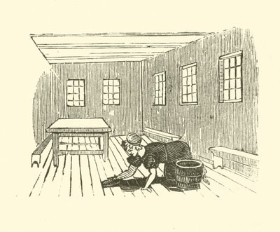 メイドが床を磨く様子（木版画 作： English School