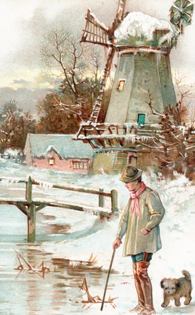 雪景色の犬と一緒に歩いている杖を持った男 作： English School