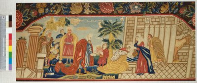賢者の礼拝、c.1730を描いたテントステッチで巧妙に機能した針仕事ソファシート 作： English School