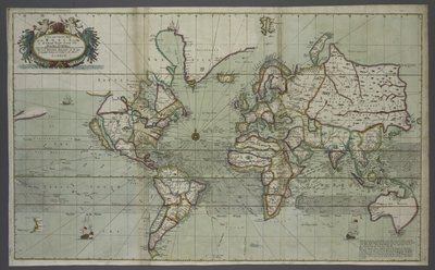 海のアトラスからの新しい正確な世界地図、1707年（手書きのカラープリント） 作： English School