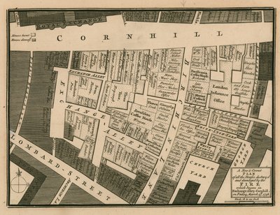 1748年3月25日にロンドンのコーンヒルの交換路地で始まった火災で破壊された家屋の計画 作： English School