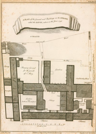 1736年に撮影された、サヴォイと呼ばれるストランドの地面と建物の平面図 作： English School