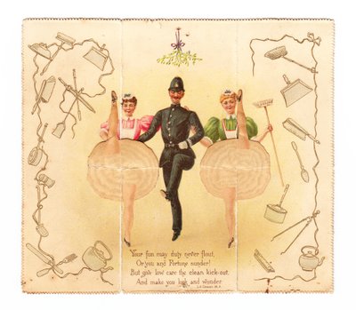 ハイキックをする警察官と2人の女性のポップアップカード 1920年頃（カラーリトグラフ） 作： English School