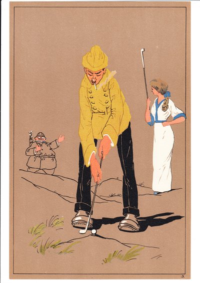 コミックとユーモラスな姿勢の2人のゴルファーの版画、1920年頃 作： English School