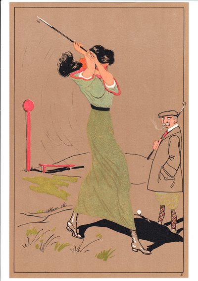 コミックとユーモラスな姿勢の2人のゴルファーの版画、1920年頃 作： English School