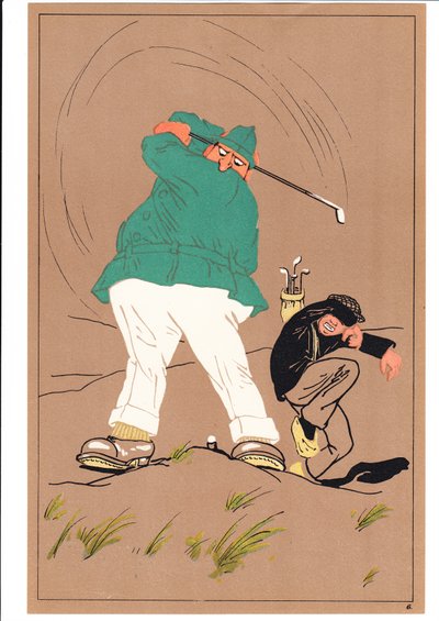 コミックとユーモラスな姿勢の2人のゴルファーの版画、1920年頃 作： English School