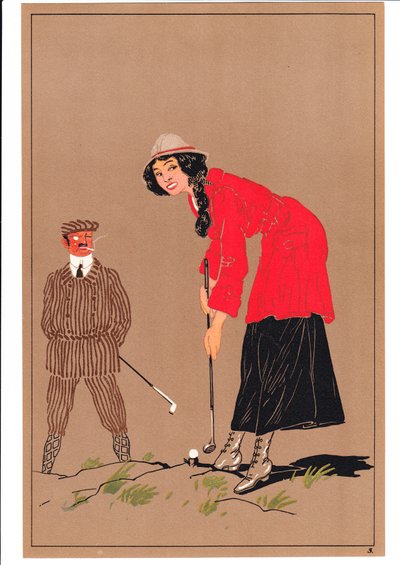 コミックとユーモラスな姿勢の2人のゴルファーの版画、1920年頃 作： English School