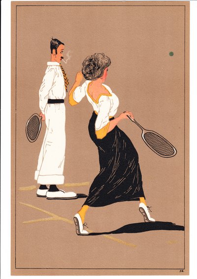 コミカルでユーモラスなポーズをとる2人のテニスプレイヤーの版画 1920年頃（カラーリトグラフ） 作： English School