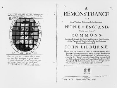 レベラーが下院に提出した、リーダーのジョンリルバーン（c.1614-57）の投獄に関する1646年の公文書 作： English School