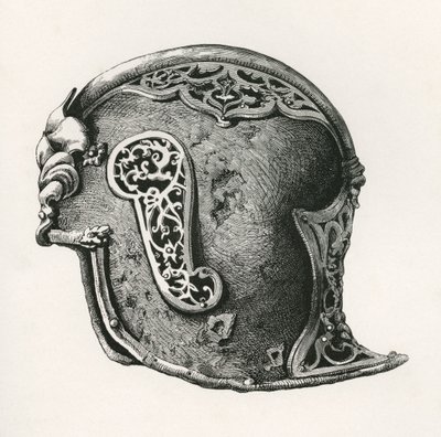 A sallet, aka salade or schaller war helmet, A.D. 1450, from The British Army: Its Origins, Progress and Equipment, published 1868.   1439284   ja       japanese Successfully Translated  Original: Views in England, Scotland and Wales: Nook edn, near Ambles 作： English School