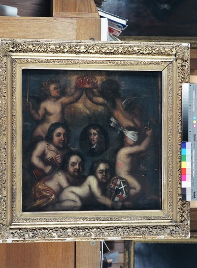 王冠を差し出されたリチャード・クロムウェルを風刺した作品、1659年頃（油彩・パネル 作： English School
