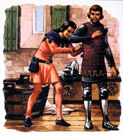 クレシーの戦いの前に黒の王子の鎧を留めている従者 作： English School
