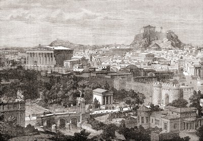 古代ギリシャのアテネの景色。 The Review of Reviews、1891 年発行より 作： English School