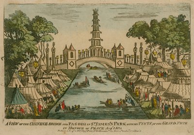 1814年8月1日、平和の名誉のグランドフェットでテントが張られたセントジェームスパークのチャイニーズブリッジとパゴダの眺め 作： English School