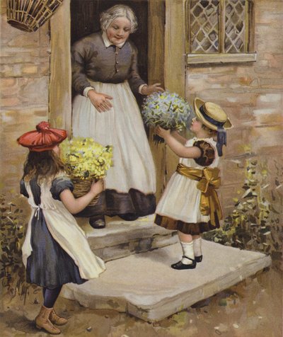 2人の若い女の子に花を贈る女性 作： English School