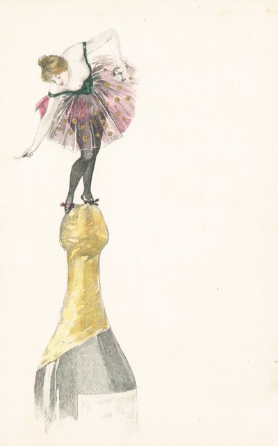 シャンパンのボトルの上に立っている女性 作： English School