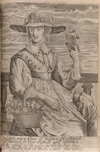 花を持った女性、ジョン・デイヴィス卿による「天使と男性以外の仕事」のイラスト、1653年に印刷（リソ） 作： English School