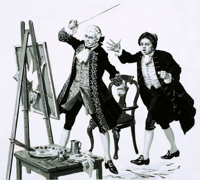 ホガースが描いた父親の不名誉な肖像画を、青年が剣で斬りつけた（紙にガッシュ 作： English School