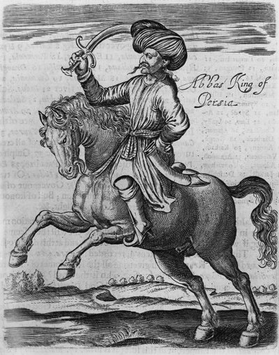 ペルシャのアッバス王、トーマスハーバート卿による「いくつかの年のアフリカとアジアへの旅」のイラスト、1634年（彫刻） 作： English School