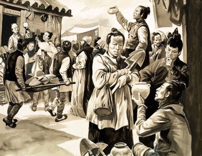 今から約1000年前の中国では、お客さんが商人に商品を値切ってお金を払っていた（紙にガッシュ）。 作： English School