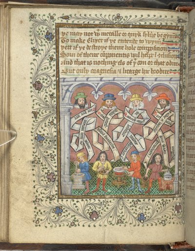 追加 10302 fol.32v 錬金術師のゲーバー (西暦 800 年または 900 年)、アルノルド オブ ヴィラノヴァ、ラーシス、エルメス トリスメギストス、トーマス ノートン作「錬金術の序列」より、1477 年頃 (ベラム) 作： English School