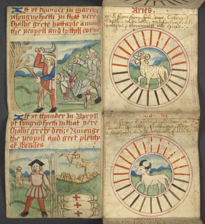 追加。 17367, f.4r Aries & Taurus, from Almanac, ドミニカル文字と黄金数の表を含む; 移動可能なごちそうを見つけるための指示。 聖人のカレンダー、エポック、英国の主権者のリスト、天気予報、t の兆候の影響 作： English School