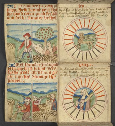 追加。 17367、f.6r しし座と乙女座、年鑑から、ドミニカル文字と黄金の数字の表を含む。 移動可能なごちそうを見つけるための指示。 聖人のカレンダー、エポック、英国の主権者のリスト、天気予報、星座の影響 作： English School