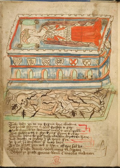 追加。 37049、f.32v、女性の死体が棺桶に横たわり、その下に骸骨が見える、「宗教の砂漠」より 作： English School