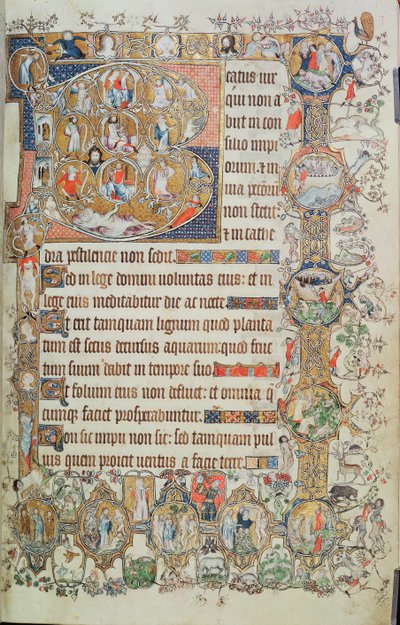 追加 39810 f.7r St. Omer Psalter、c.1330-40 (ベラム) から、Jesse の木と 9 つのラウンデルを含む歴史的なイニシャル「B」 作： English School