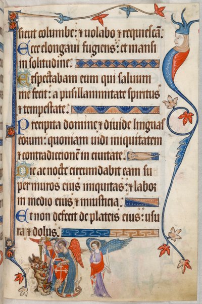 追加。 42130、f.101、詩篇 54、悪魔と戦う大天使、「Luttrell Psalter」から、c.1325-35 (ベラム) 作： English School