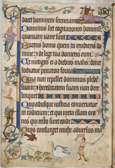 追加。 42130、f.169v、詩篇 93、ガチョウとガチョウ、「Luttrell Psalter」から、c.1325-35 (ベラム) 作： English School