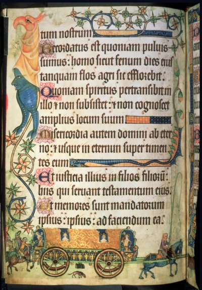 追加 42130 f.181v 詩篇 102: 「Luttrell Psalter」からの王室の女性のための旅行コーチ、c.1325-35 (ベラム) 作： English School