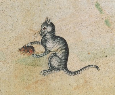 追加 42130 f.190 ネズミと遊ぶ飼い猫、ラットレル詩篇より、1340 年より前にジェフリー・ラットレル卿 (1276-1345) のために開始 (詳細 55684) 作： English School