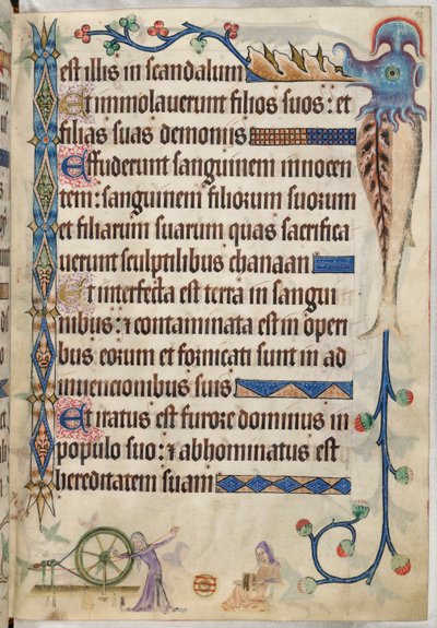 追加。 42130、f.193、詩篇 105、「Luttrell Psalter」の羊毛を紡いでカーディングする女性、c.1325-35（ベラム） 作： English School
