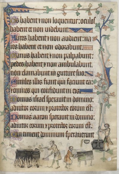 追加。 42130、f.207 料理の準備と調理、「Luttrell Psalter」のイラスト、c.1325-35（ベラム） 作： English School