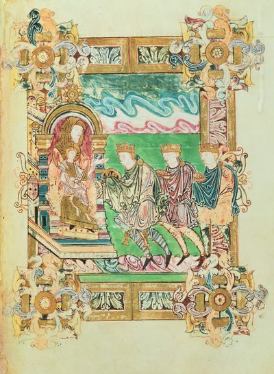 追加 49598 f.24b マギの礼拝、聖エゼルウォルドの祝祷会、ウィンチェスター、980 年頃 (ベラム) 作： English School