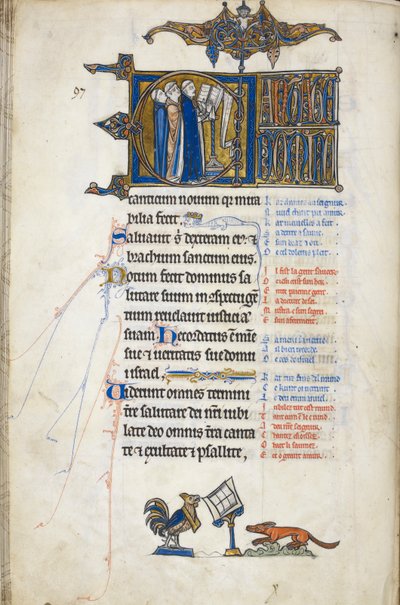 追加。 50000、f.146v 詩篇 97; イニシャル「C」、書見台で 3 人の店員が歌っている。 フォリオのふもと、キツネに説教するおんどり、オスコット詩篇、1265〜70年頃（ベラム） 作： English School
