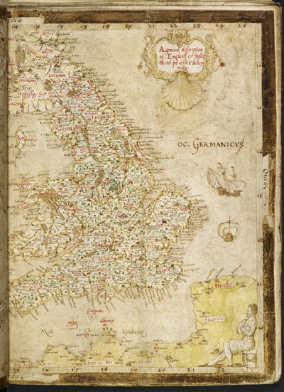 追加。 62540、ff.3v-4、英国とアイルランドの地図、「Nowell-Burghley Atlas」から、英国の詳細、c.1564（ベラム） 作： English School