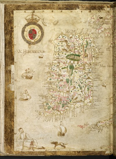 追加。 62540、ff.3v-4、英国とアイルランドの地図、「Nowell-Burghley Atlas」から、アイルランドの詳細、1564 年頃（ベラム） 作： English School