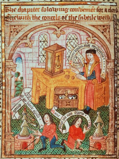 MS 10302 f.37v を追加 材料を準備する錬金術師、Thomas Norton 著「The Ordinal of Alchemy」、c.1477 (ベラム) 作： English School