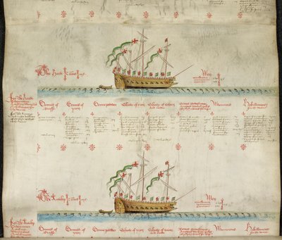 「The Anthony Roll」から MS 22047 f.2r、ガレアスの心臓とガレアスのカモシカを追加 作： English School