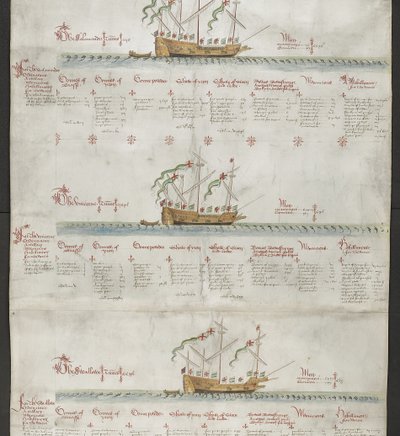 MS 22047 f.4r ガレアス ユニコーンとツバメを「アンソニー ロール」から追加 作： English School