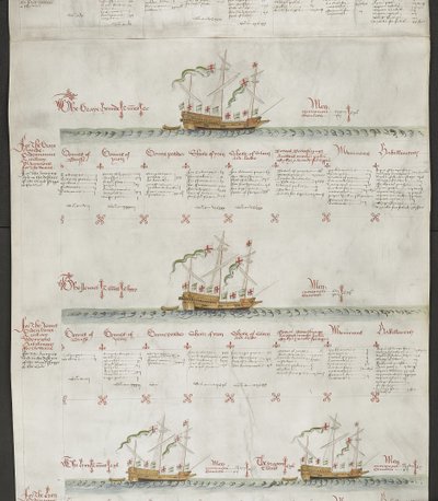 「The Anthony Roll」の MS 22047 f.6r Galleases を追加: グレイハウンド、ジェネット、ライオン、ドラゴン 作： English School