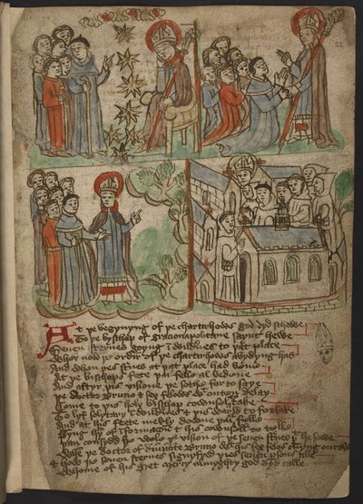 MS 37049, f.22 The Carthusian Miscellany (Religious Prose and Verse) in Northern English を追加。マンデビルの旅の縮図 (要約) (紙にインクとカラー) を含む 作： English School